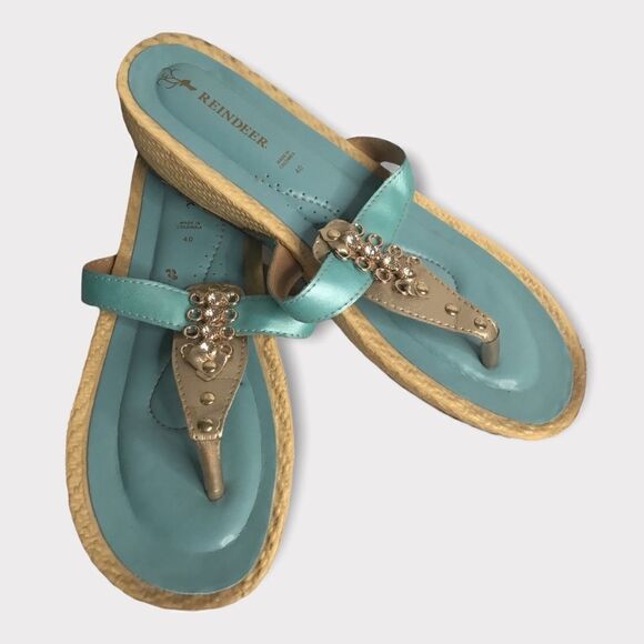 Reindeer Womens‎ Low Wedge Turquoise Sandals,Embellished slip On - Picture 4 of 10